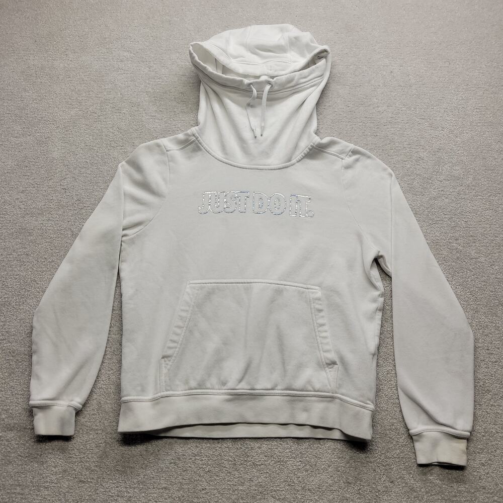 Nike Just Do It Hoodie Mens Medium Cream White Silver Logo Pullover Sweatshirt